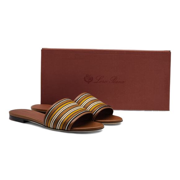 Loro Piana The Suitcase Stripe Flat Sandals in Brown - Picture 1 of 11